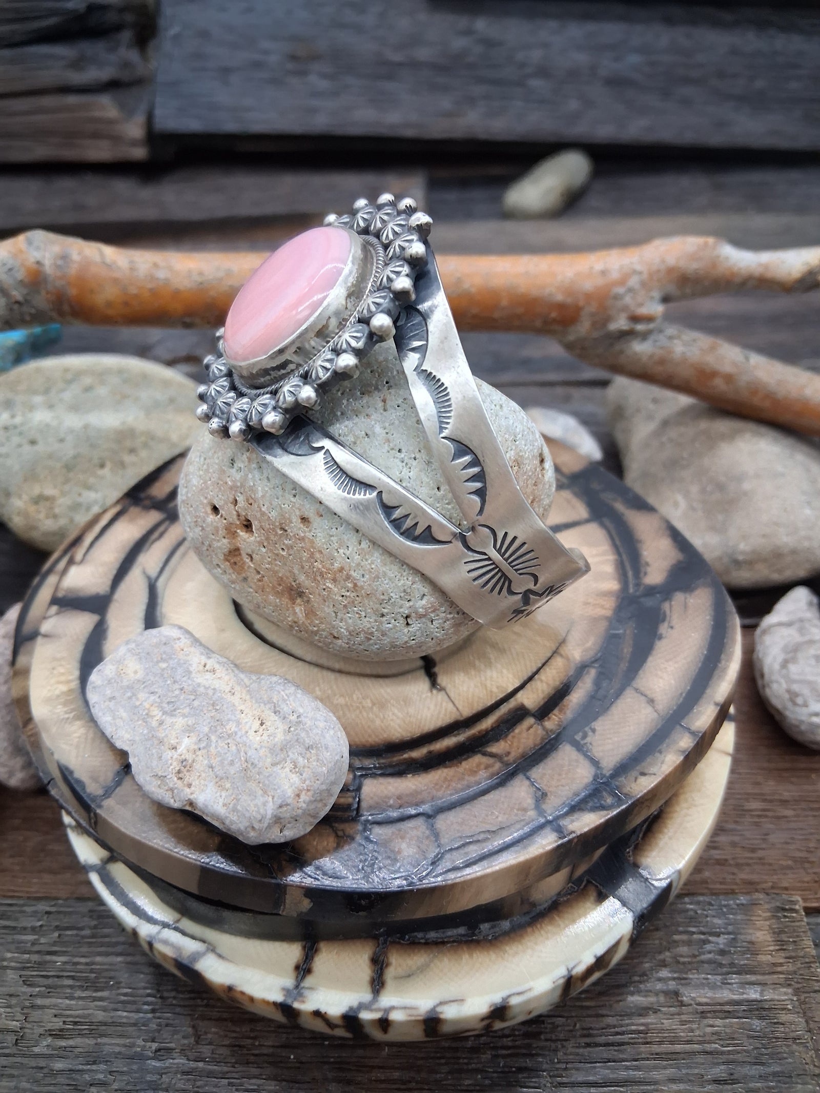 Sterling Silver Pink Conch Round Stone Stamped Cuff Bracelet by Paul Livingston