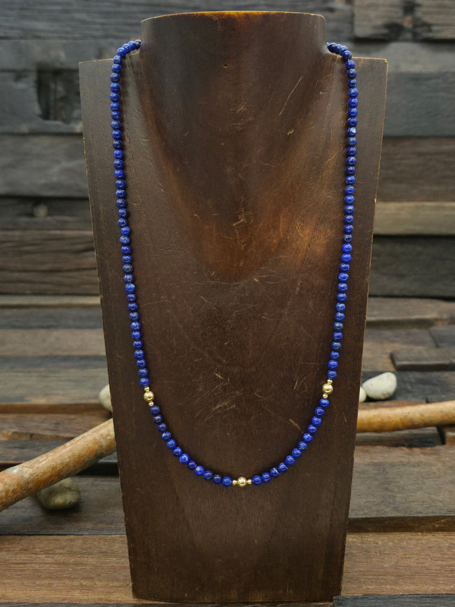Lapis and 14K Gold Bead Necklace - NON NATIVE MADE - 20 in.