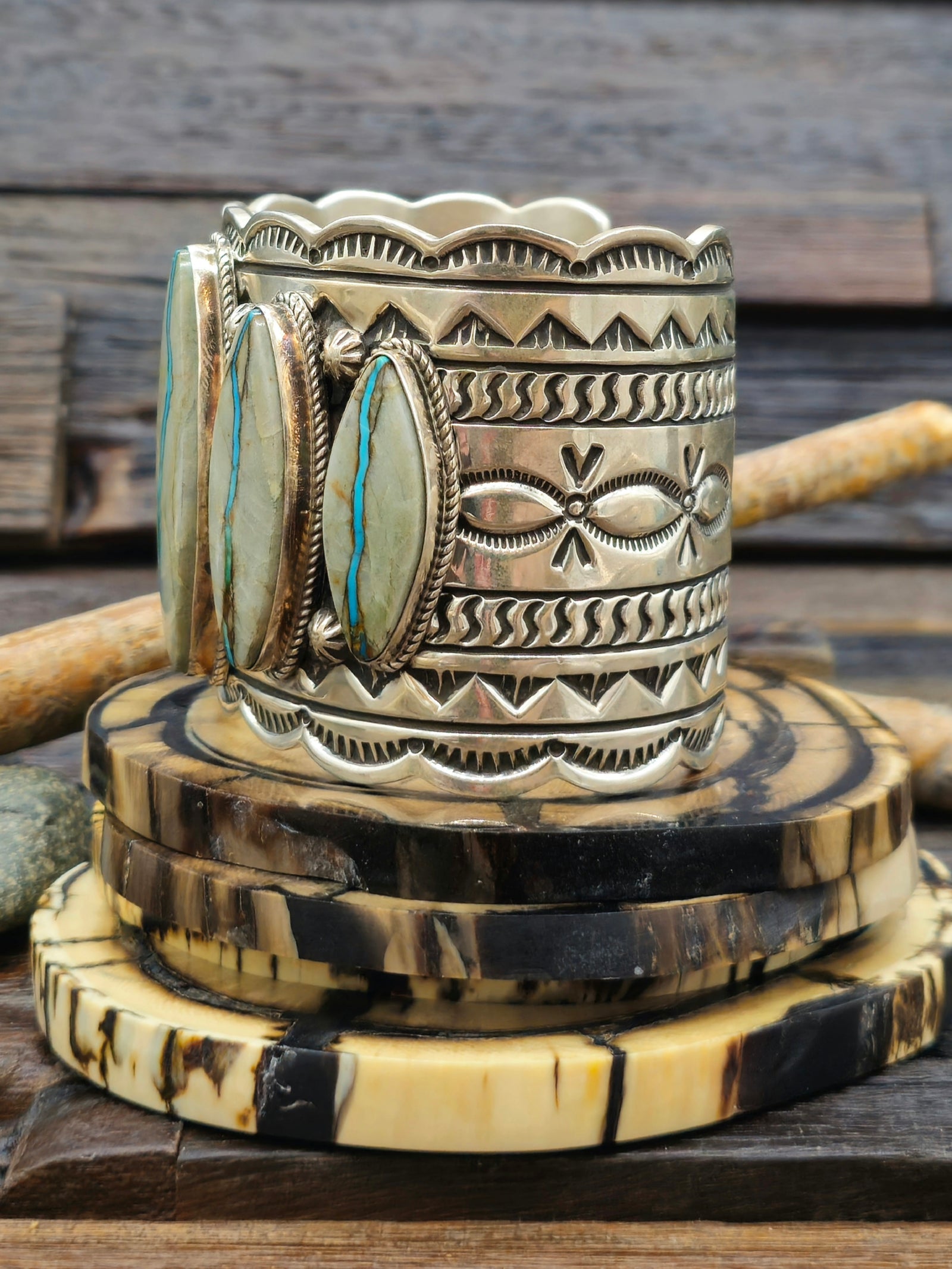 Wide Stamped Sterling Silver and Blue Gem Ribbon Turquoise Cuff by Delbert Delgarito