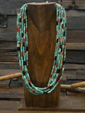 10 Strand Blue Turquoise, Apple Coral, and Jet Heishi Necklace by Fred Archuleta - 23 in. w/6 in. Extender