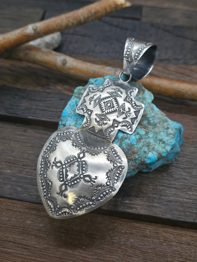 Stamped Sterling Silver Sacred Heart Pendant by Vincent Platero - 4 3/4 in. by 2 in.