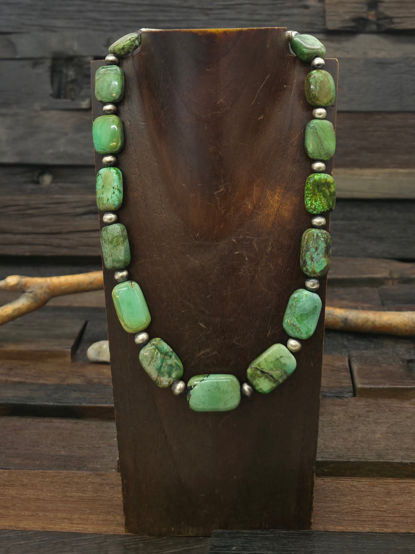 Green Sky Horse Turquoise and Sterling Silver Bead Necklace by Fred Archuleta - 20 in