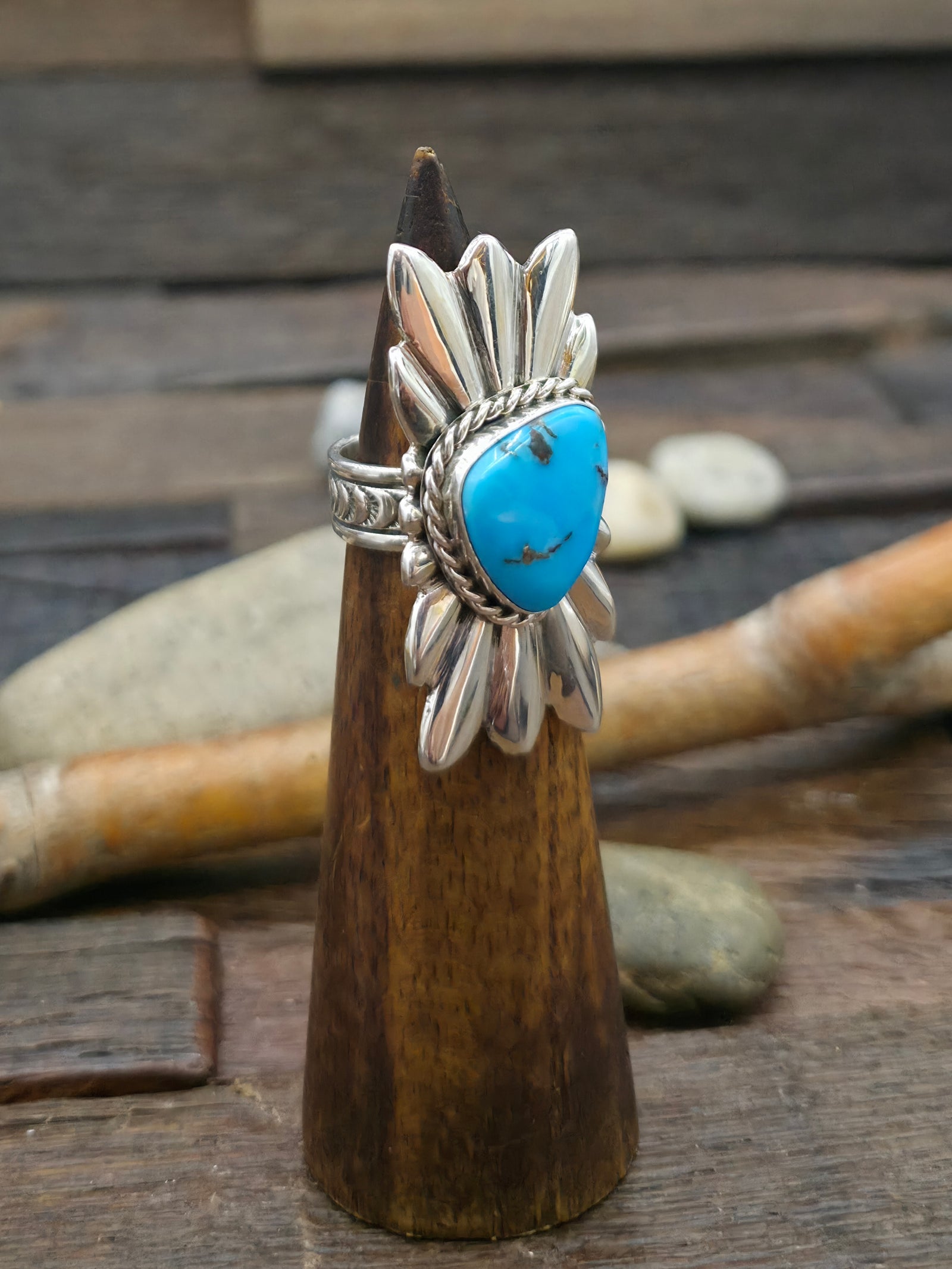 Sterling Silver and Turquoise Starburst Ring - Size 8