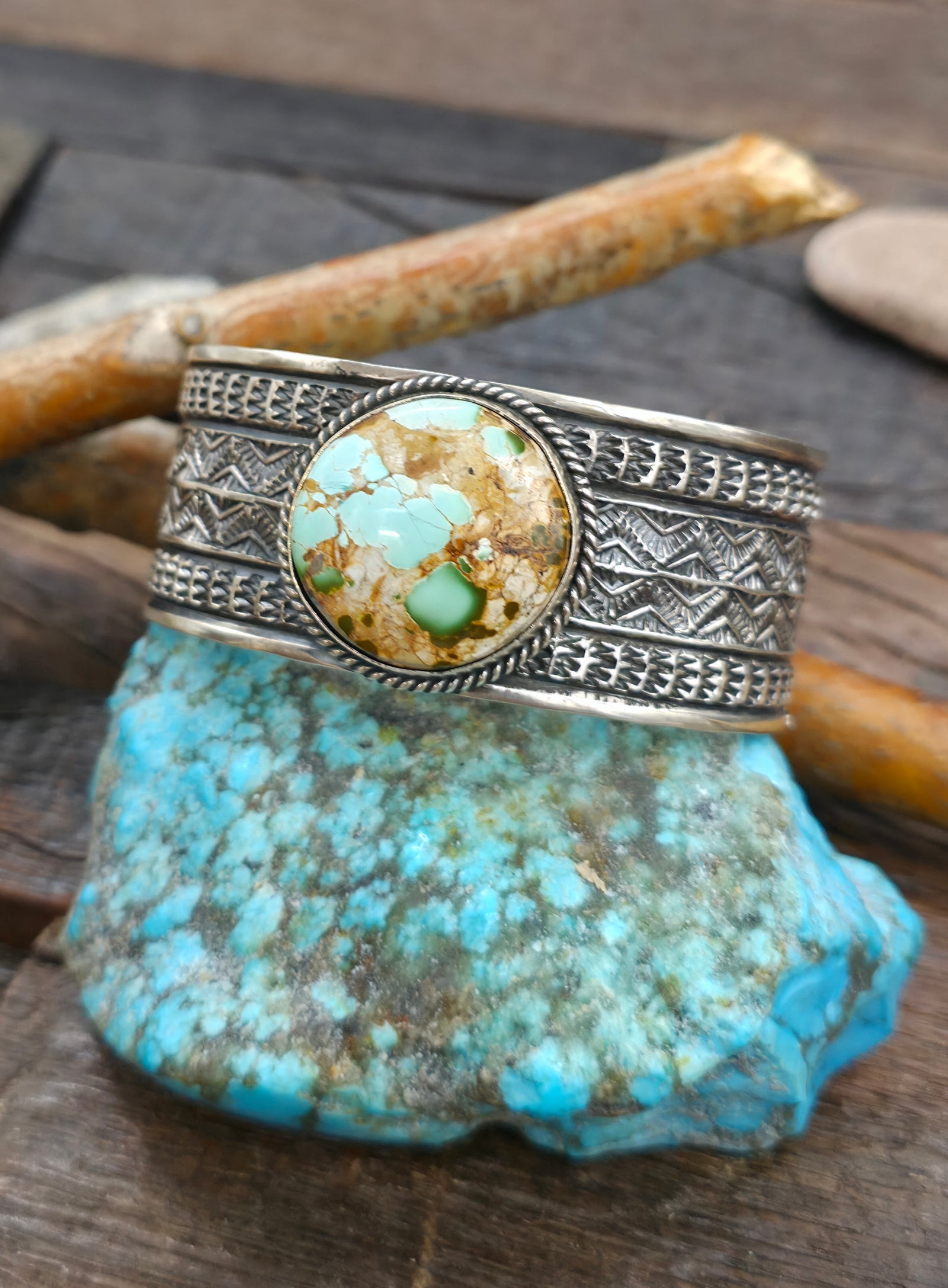 Stamped Sterling Silver Boulder Royston Turquoise Cuff by Sunshine Reeves - 6 3/4 in. with Gap