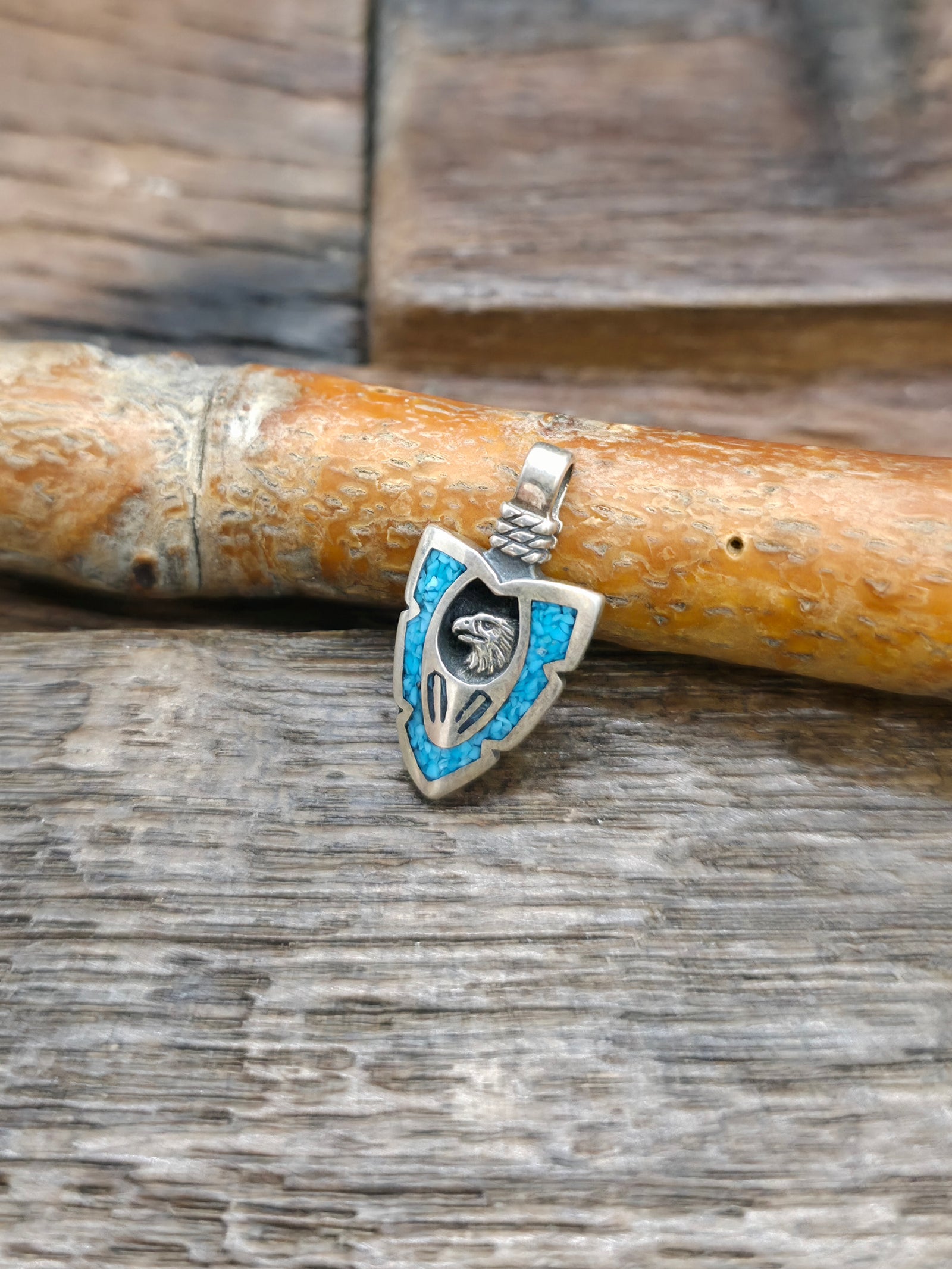 Mini Sterling Silver Turquoise Chip Inlay Arrowhead Pendant - Eagle - NON NATIVE MADE - 7/8 in. by 1/2 in.