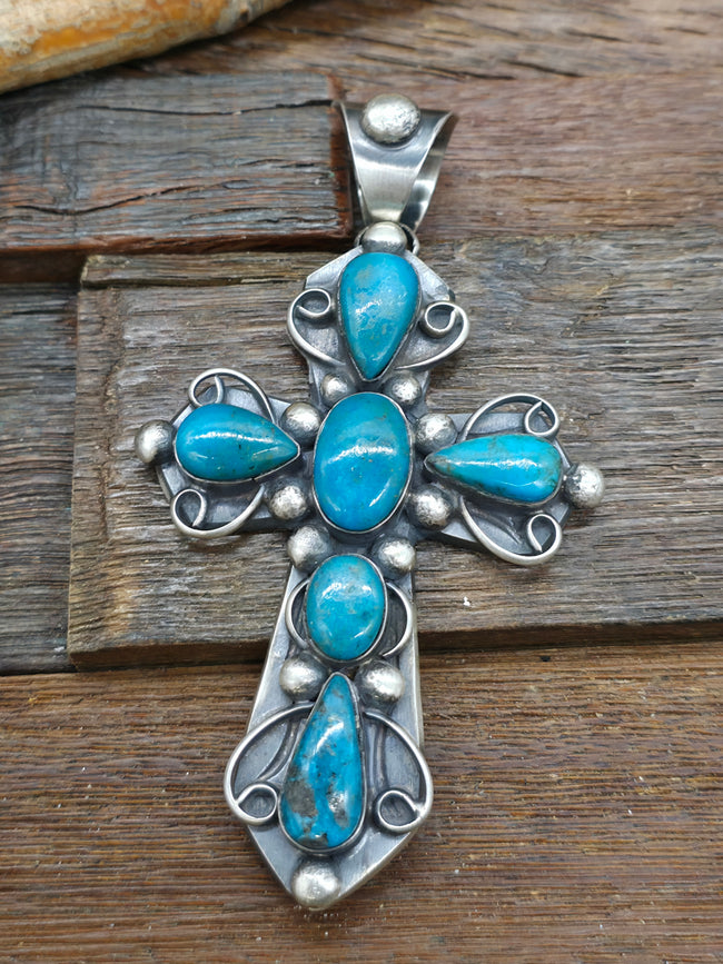 Chimney Butte Sterling Silver Turquoise Cross Pendant - 4 1/2 in. by 2 1/2 in.
