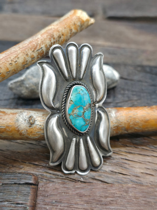 Repousse Stamped Oxidized Sterling Silver Statement Ring with Turquoise by Julian Chavez - Size 6