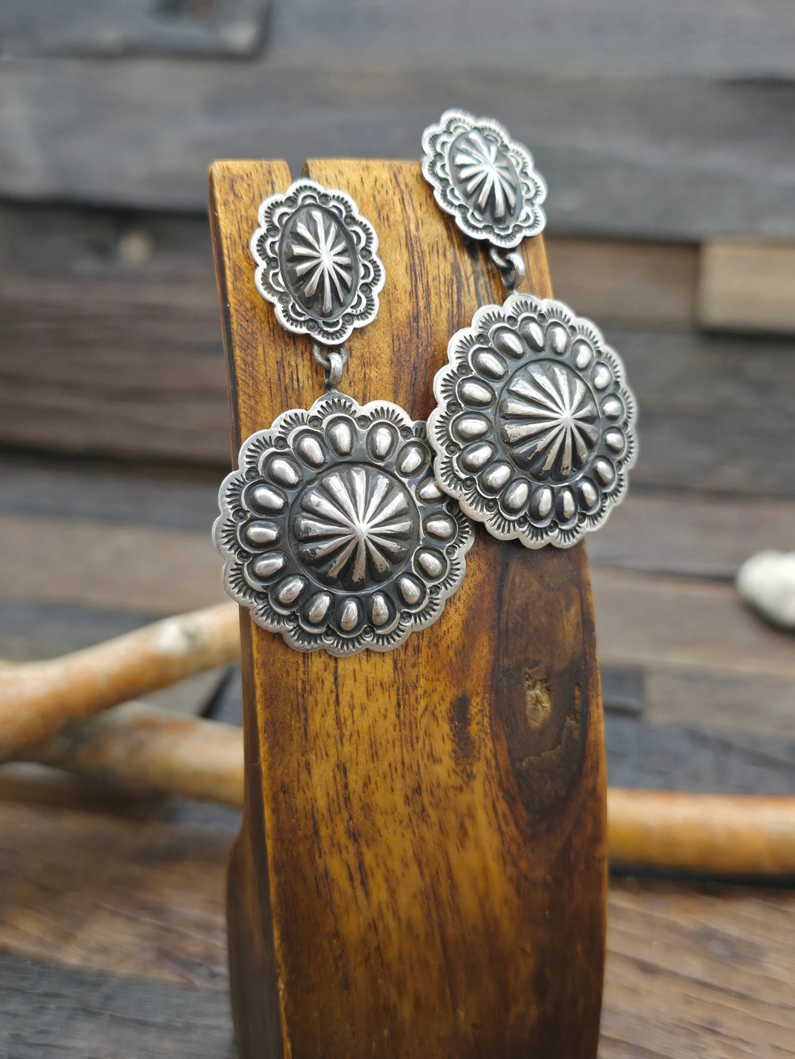 Round Repousse Stamped Sterling Silver Earrings by T.O. White - 2 1/4 in. by 1 1/4 in.