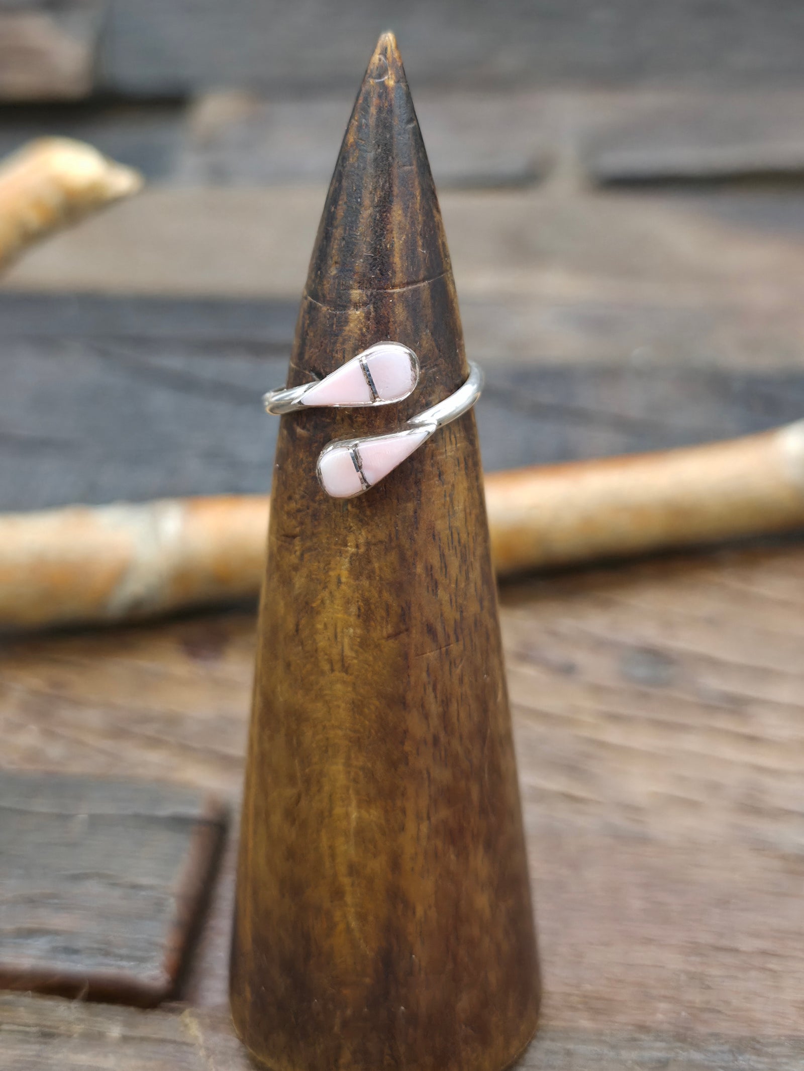 Wraparound Sterling Silver Pink Conch Inlay Ring by Valida Natacio - Adjustable