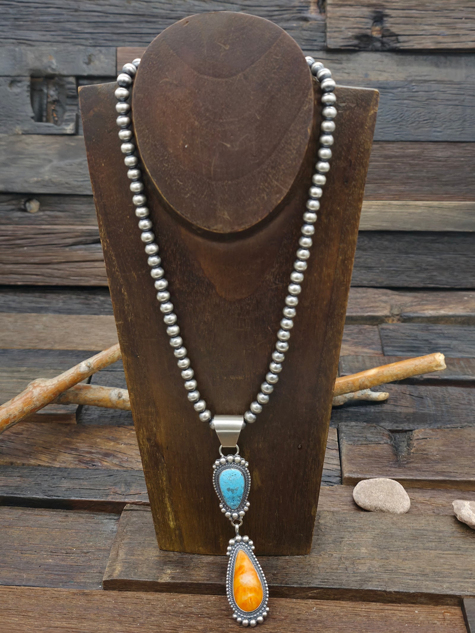 Sterling Silver Turquoise and Spiny Oyster Pendant Necklace on 7 mm Beads by Tom Lewis - 20 in.