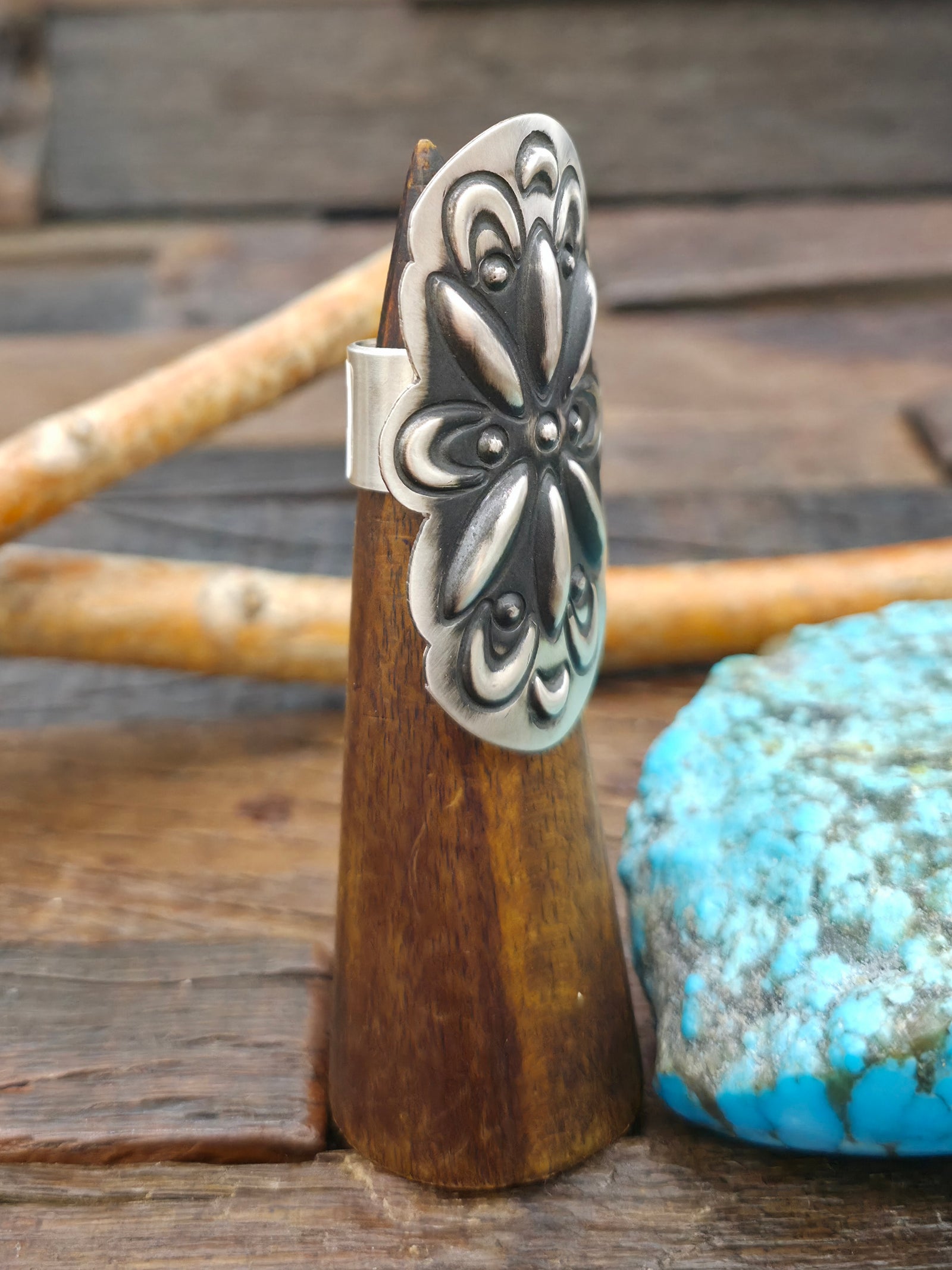 Adjustable Stamped Sterling Silver Ring by Leander Tahe