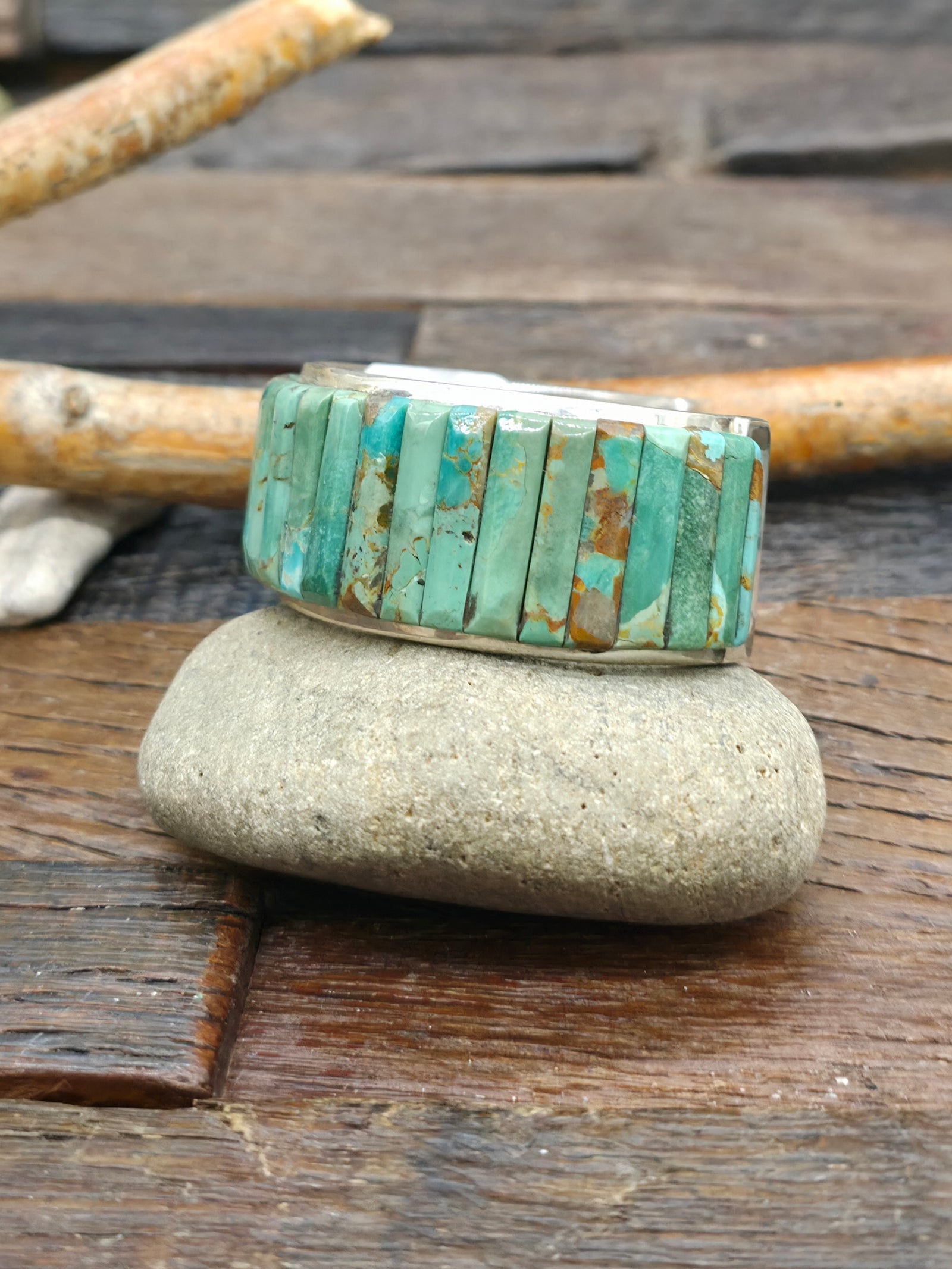 Turquoise Cobblestone Inlay Sterling Silver Cuff by Louise Pete - 6 1/2 in. with Gap