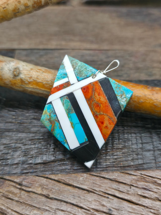 Turquoise, Jet, and Sponge Coral Mosaic Inlay Pendant by Colbert Sherman - 2 in. by 1 1/2 in.
