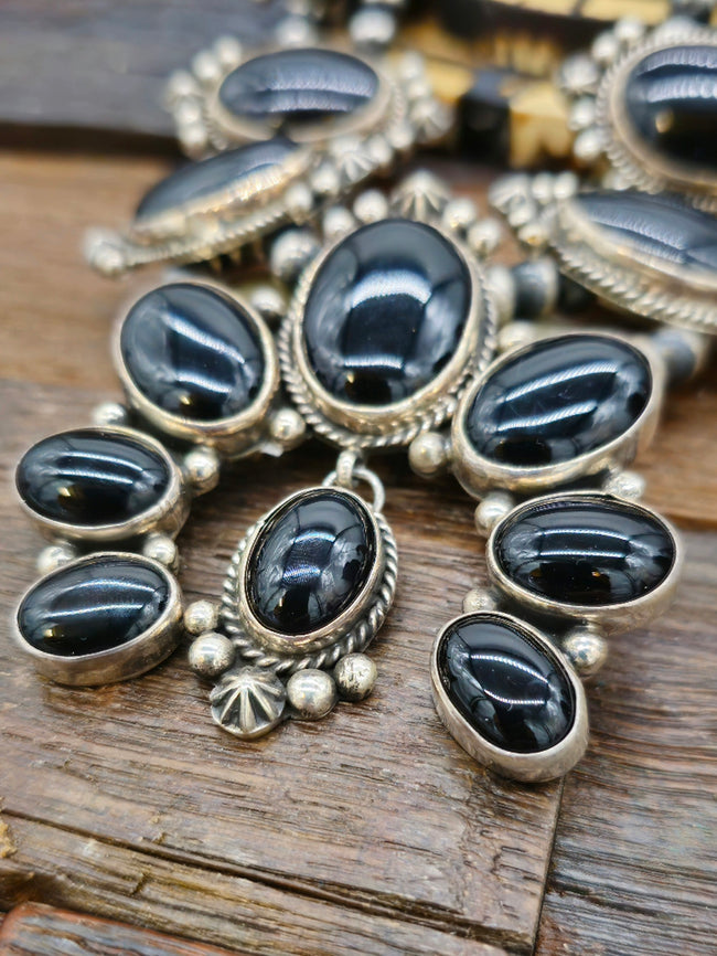 Black Onyx Squash Blossom Necklace and Earring Set by Linda Yazzie 28 in.