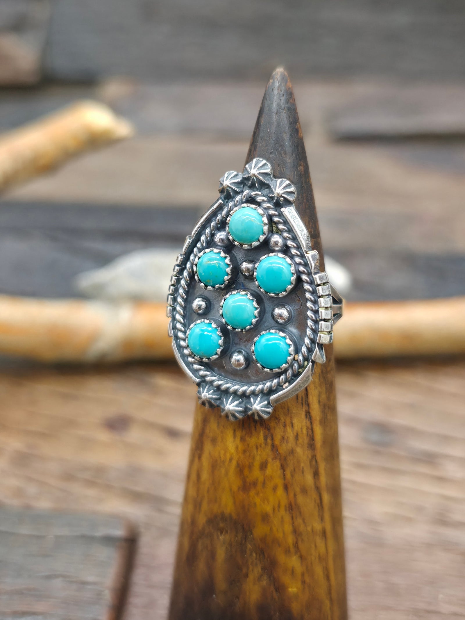 Sterling Silver Turquoise Pear Snake Eye Ring by Kenny Lonjose - Size 8 1/2