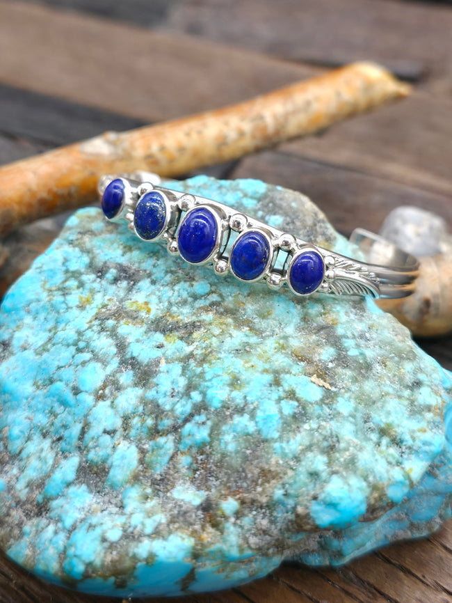 Five Stone Lapis Cuff with Sterling Silver Leaf Applique - 6 1/4 in. with gap