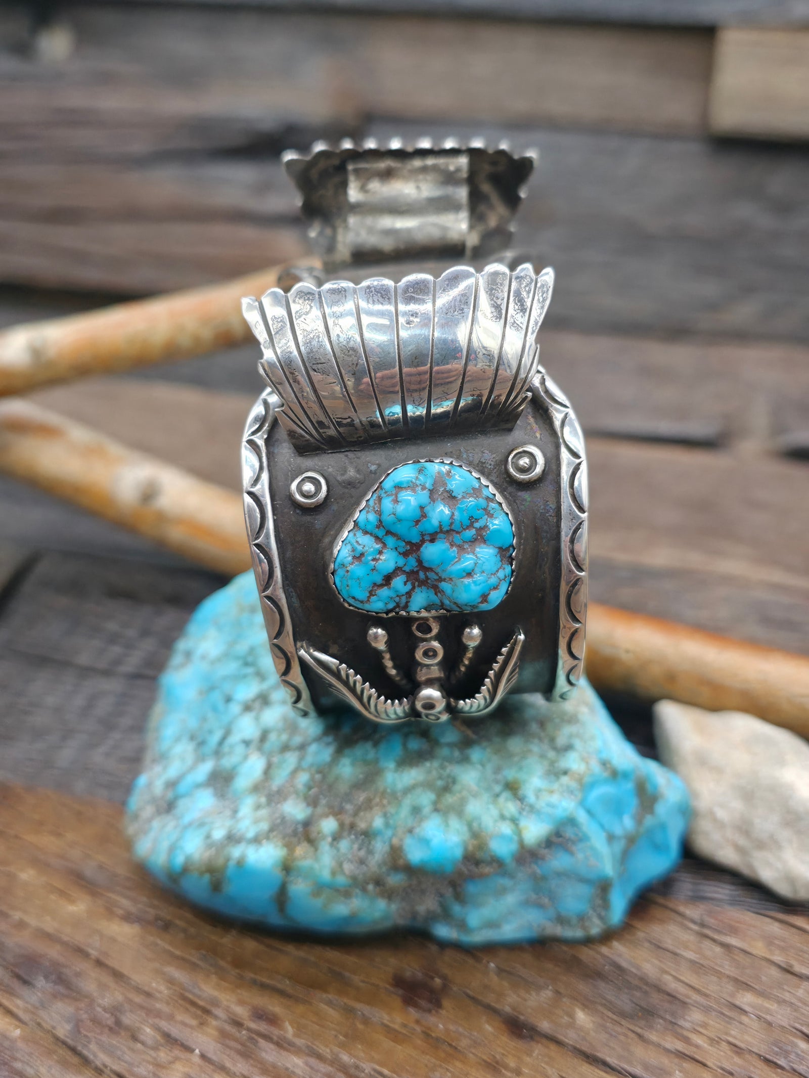 Vintage/Estate Two Turquoise Stone Sterling Silver Watch Cuff Circa 1970s Stamped JJM - 6 3/4 in. with Gap