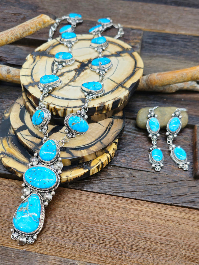 Blue Ridge Turquoise Lariat Necklace and Earring Set by Rosella Paxton 29 in