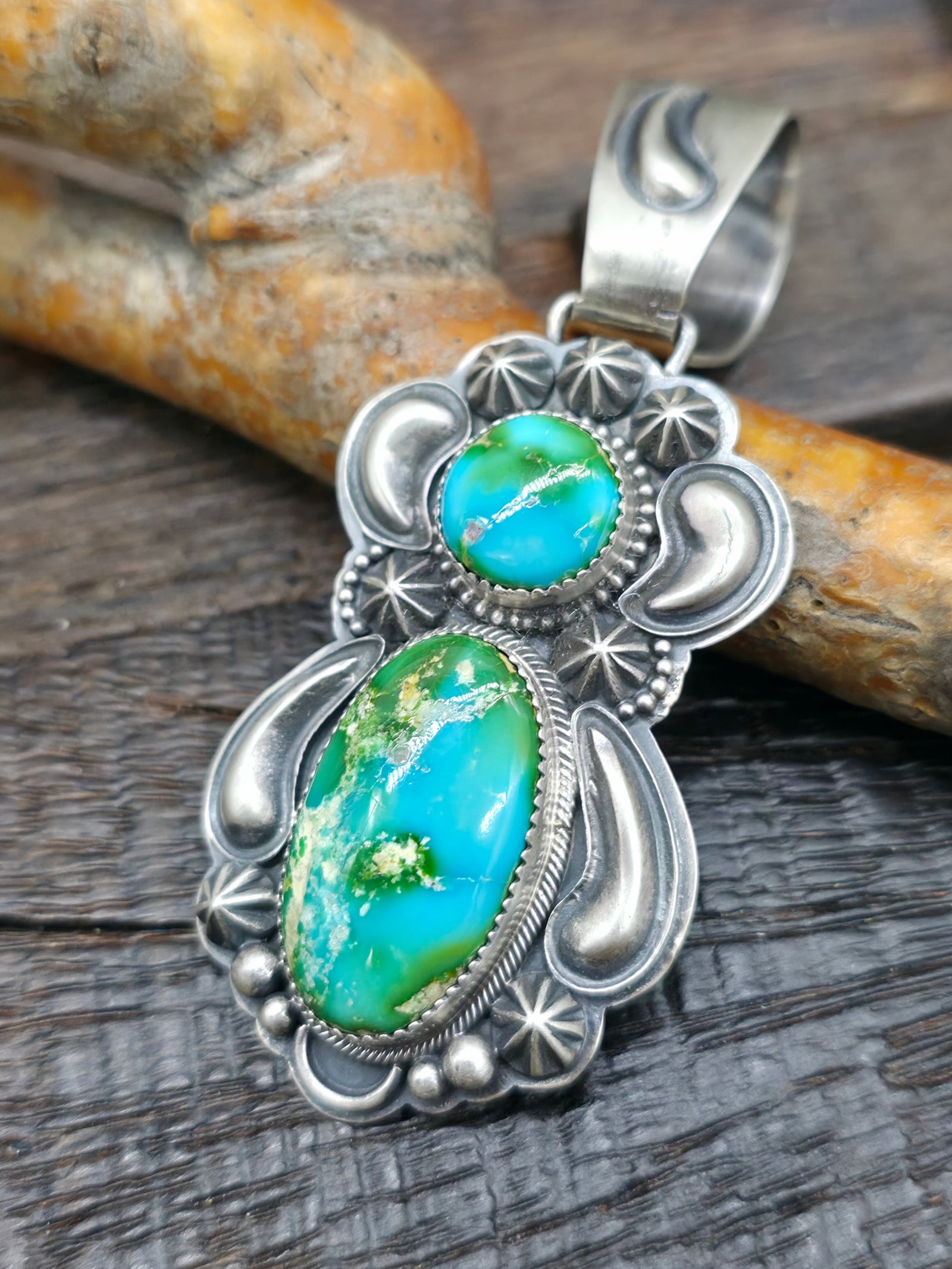 Two Stone Stamped Sterling Silver Sonoran Turquoise Pendant by Randy Boyd - 3 in. by 1 1/4 in.