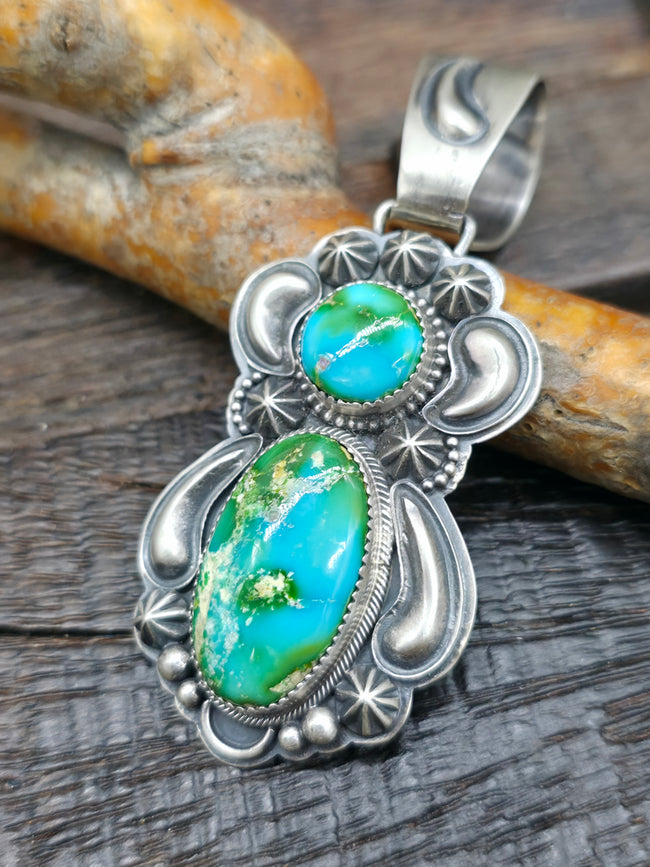 Two Stone Stamped Sterling Silver Sonoran Turquoise Pendant by Randy Boyd - 3 in. by 1 1/4 in.