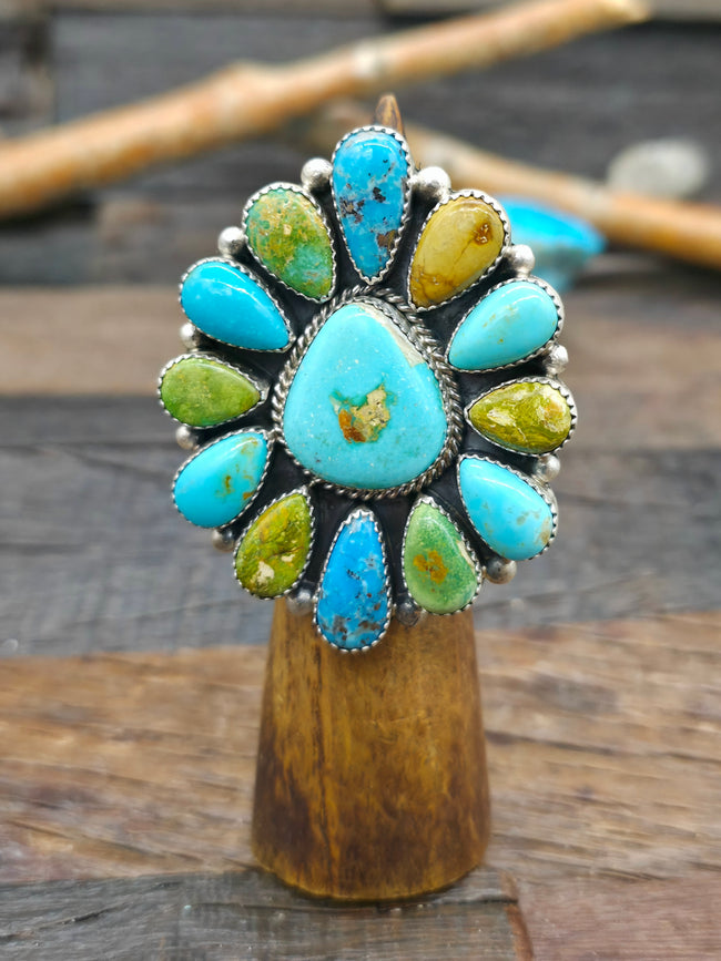 Sterling Silver Mixed Turquoise Cluster Ring by A. Spencer - Adjustable