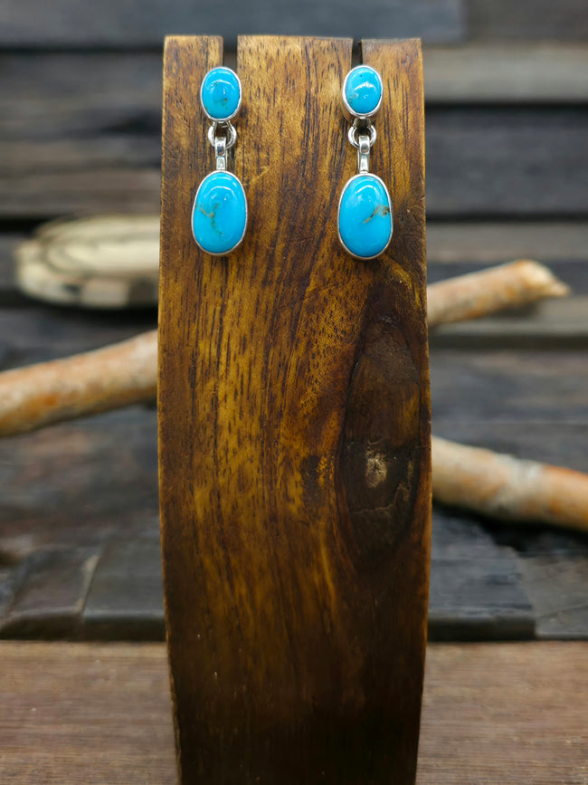 Two Stone Blue Turquoise Sterling Silver Post Dangle Earrings