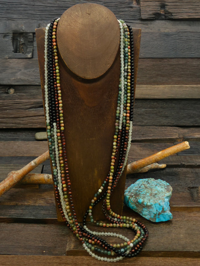 Five Strand Onyx, Jasper, Tiger's Eye, and Quartz Bead Necklace by Fred Archuleta - 32 in.