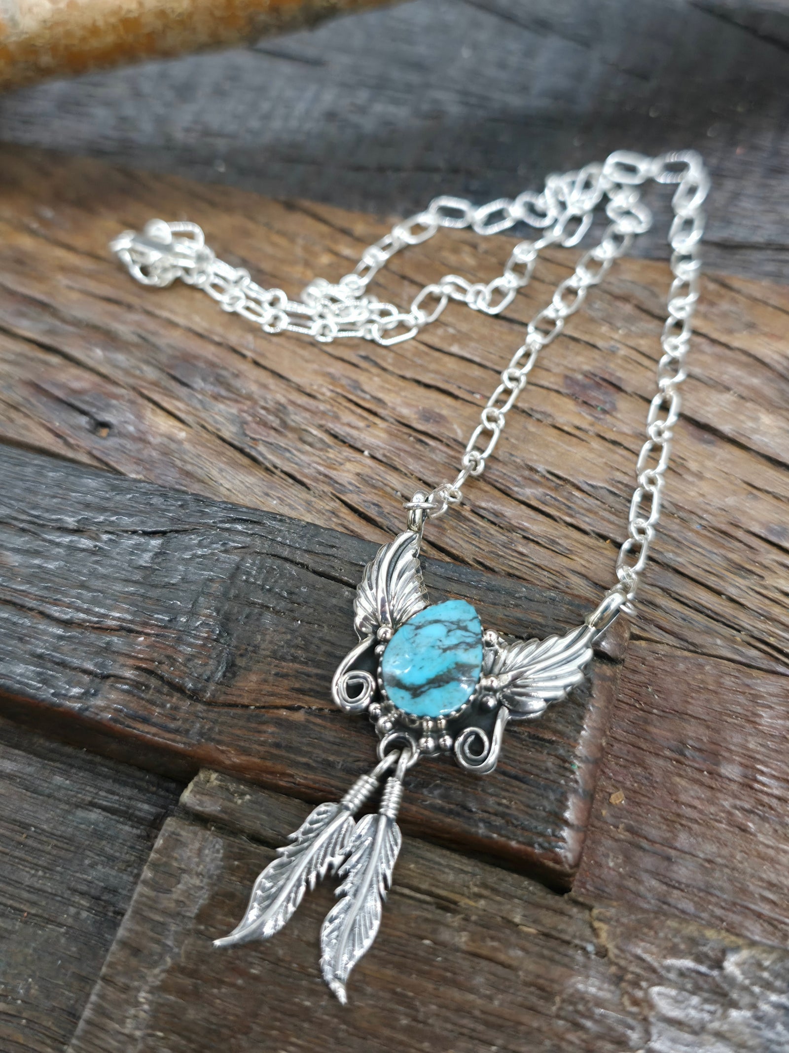 Sterling Silver and Turquoise Feathers and Leaves Bar Necklace by Sadie Jim - 18 in.