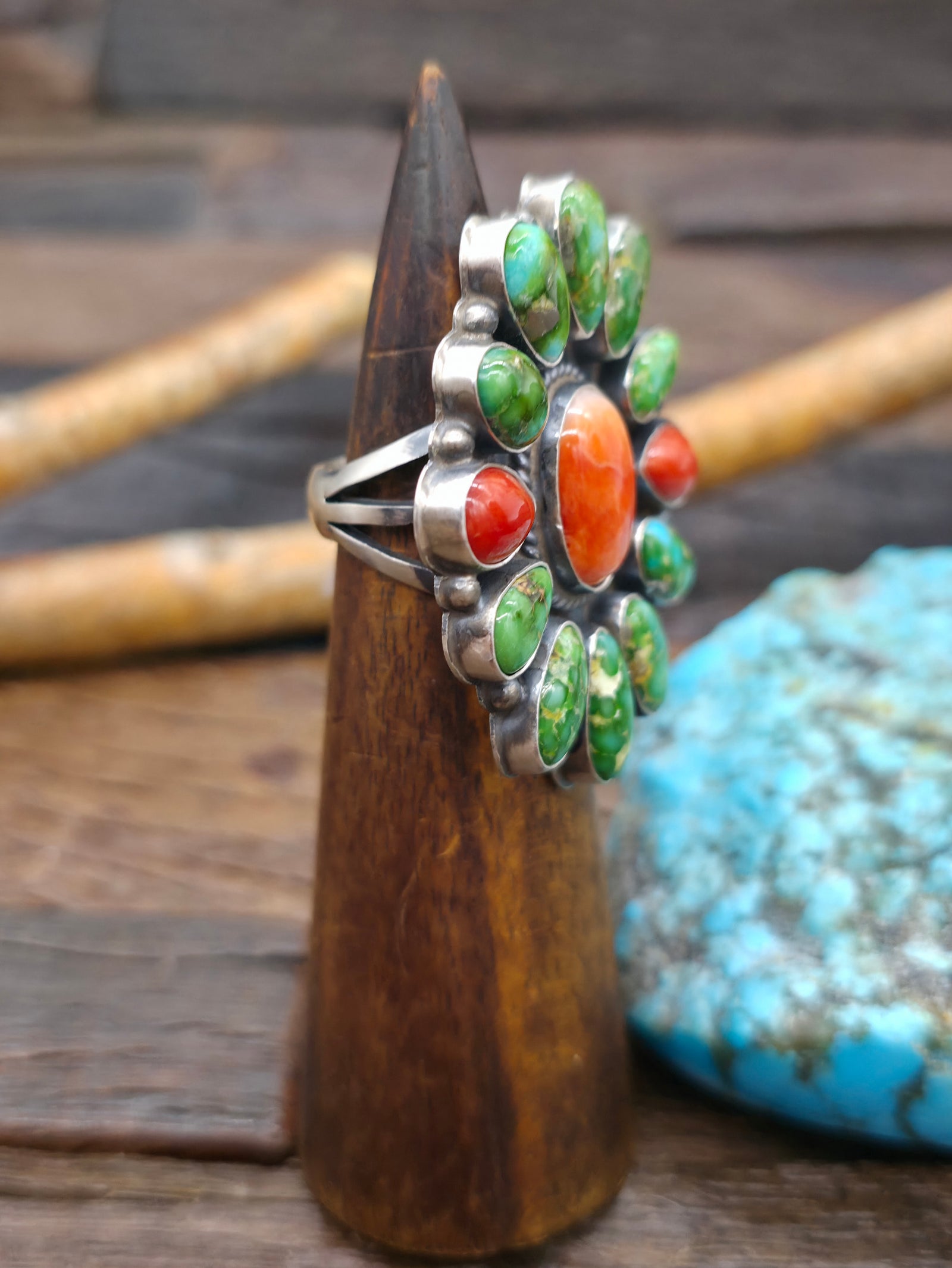 Sterling Silver Red Spiny Oyster Coral and Turquoise Cluster Ring by Anthony Skeets - Size 9
