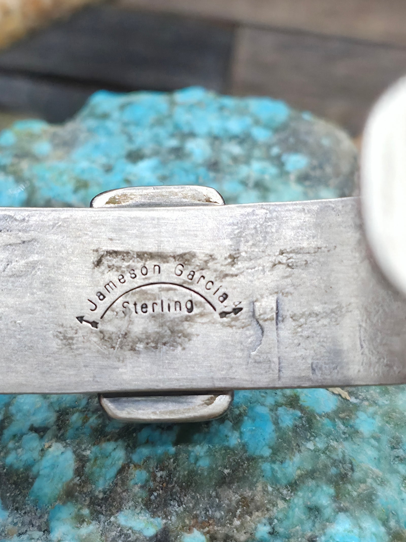 Stamped Sterling Silver Cuff with Black Jack Turquoise by Jameson Garcia - 6 3/4 in. with Gap