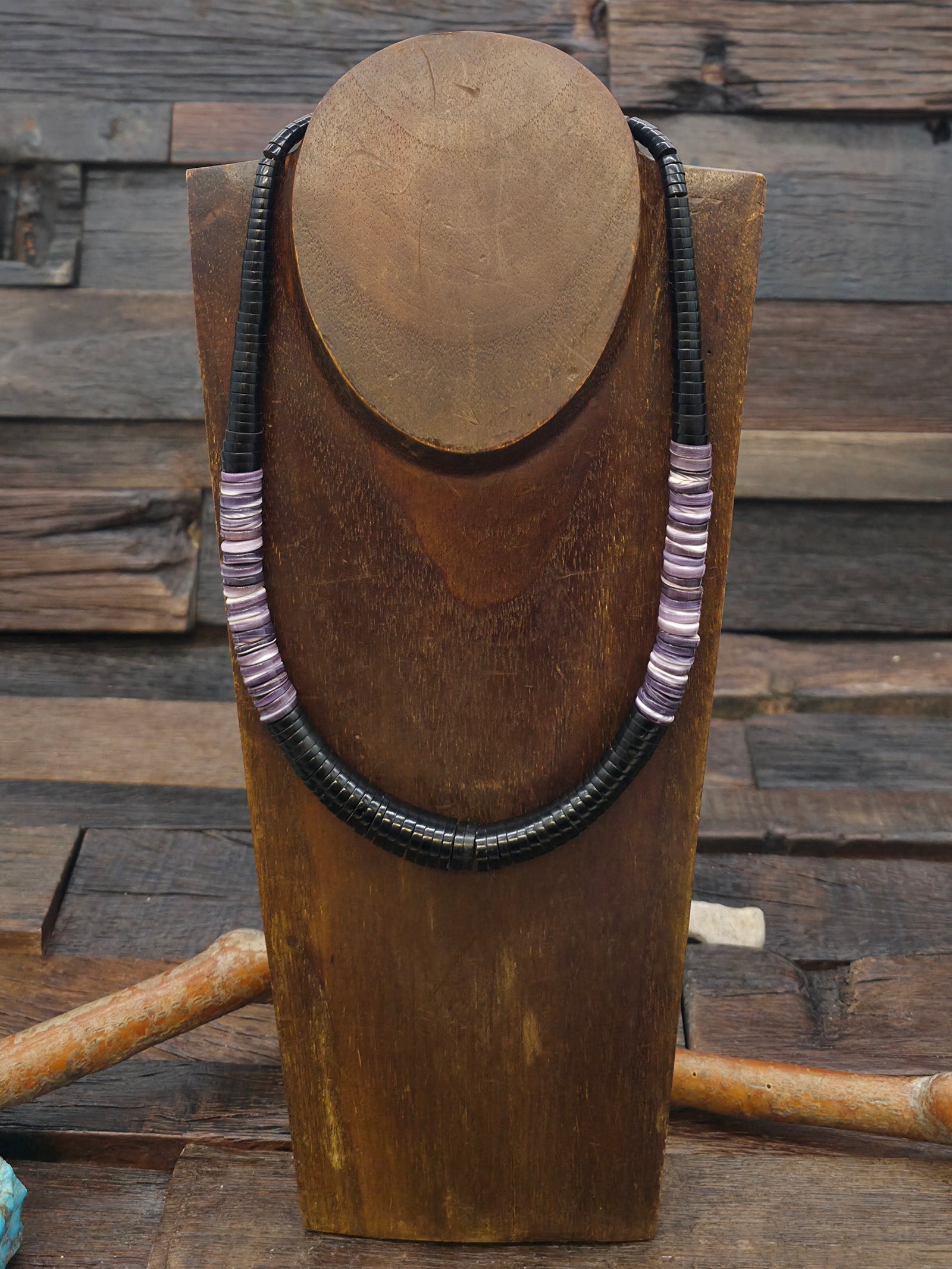 Graduated Jet Heishi Necklace with Wampum Beads - 19 in.