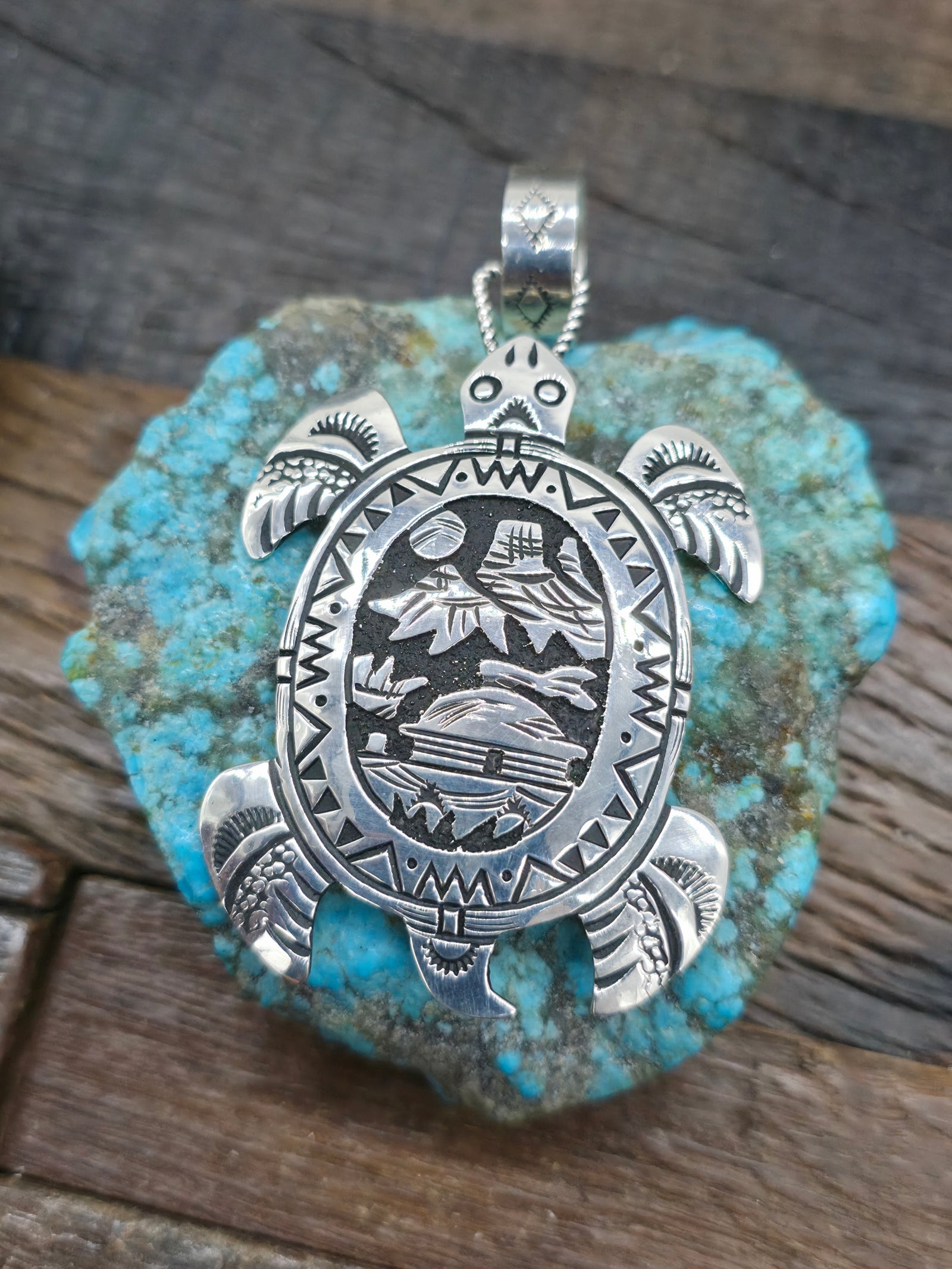 Sterling Silver Overlay Turtle Pendant by Richard Singer - 3 1/4 in. by 1 3/4 in.