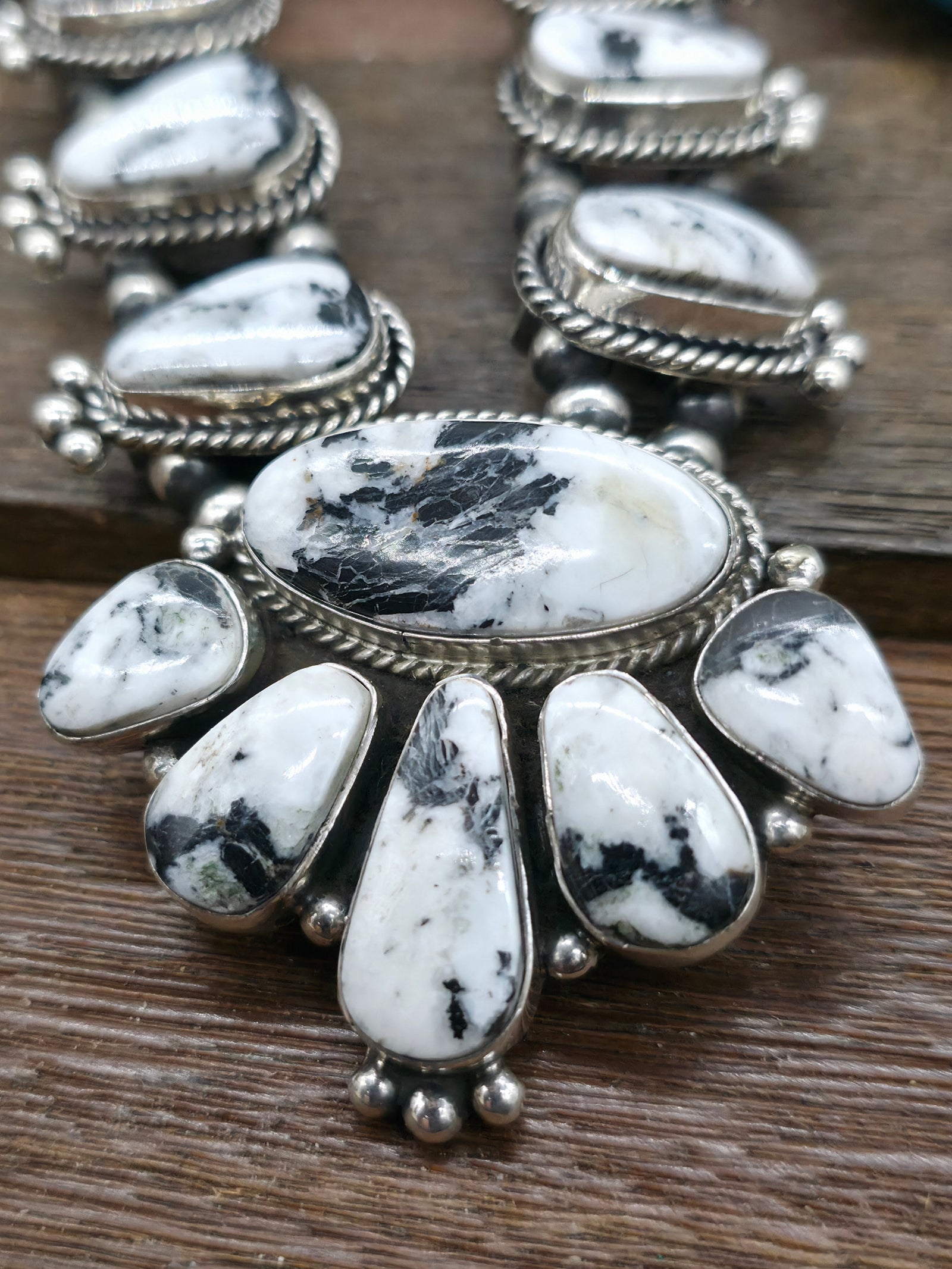 Sterling Silver White Buffalo Necklace and Earring Set by Linda Yazzie - 24 in