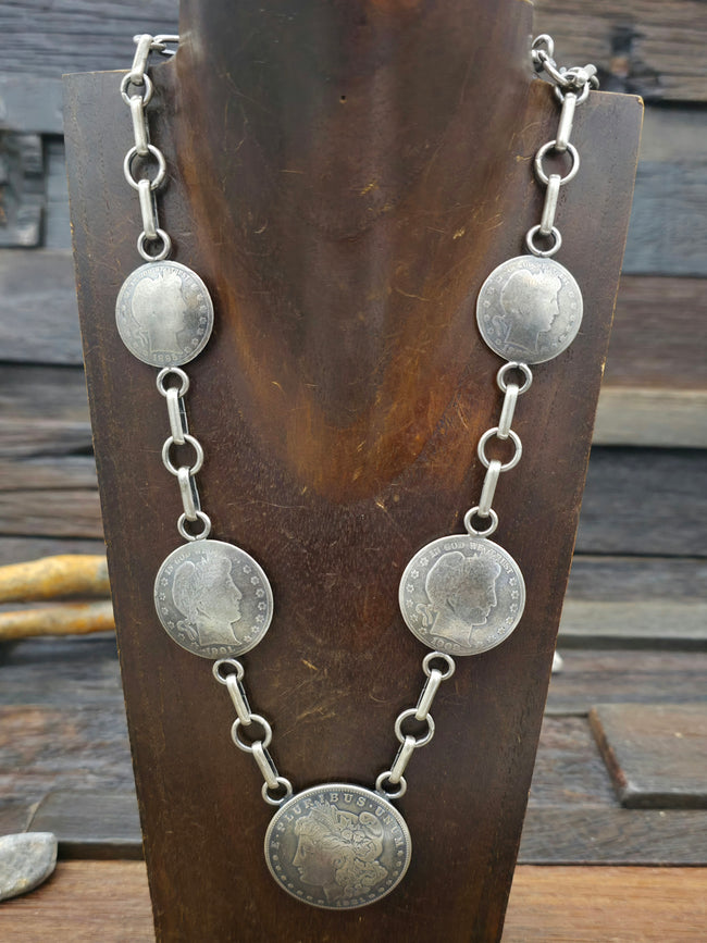 Liberty Dollar, Half-Dollar, and Quarter Necklace by Lawrence Archuleta
