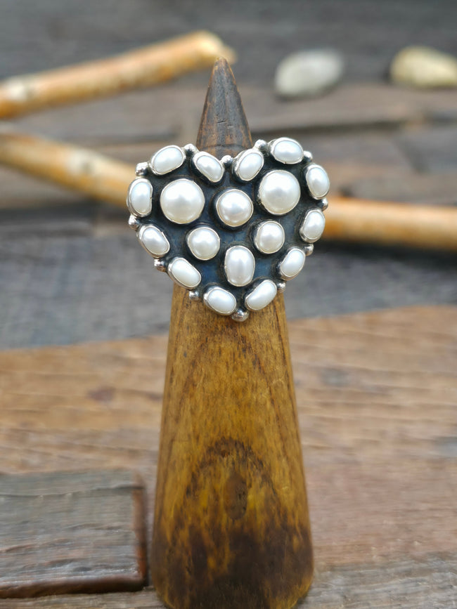 Sterling Silver Pearl Heart Ring by Martin Perry - Size 7
