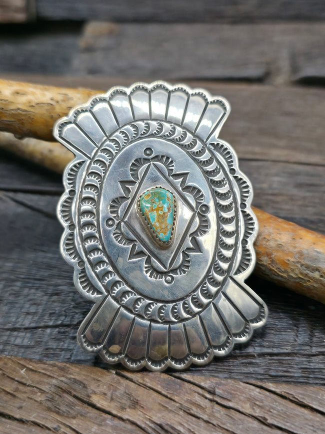 Stamped Sterling Silver Buckle with Blue Gem Turquoise by Delbert Delgarito - 2 in. by 3 in.