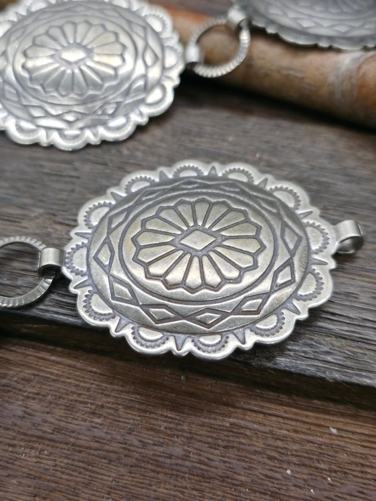 Large Oval Stamped Nickle Silver Chain Concho Belt - 42 in.