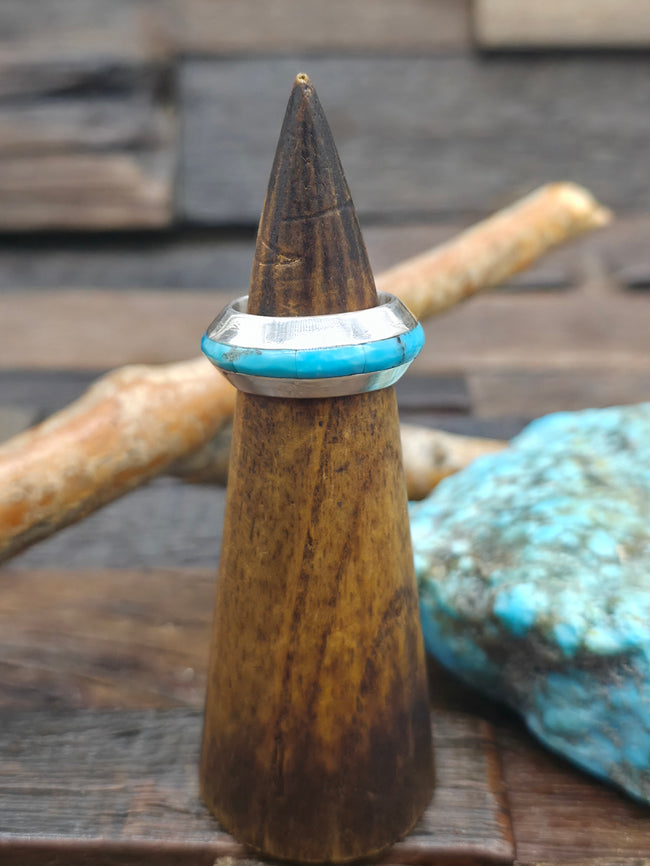 Sterling Silver Candelaria Turquoise Plain Channel Inlay Infinity Ring by Dean Sandoval - Size 8 1/2