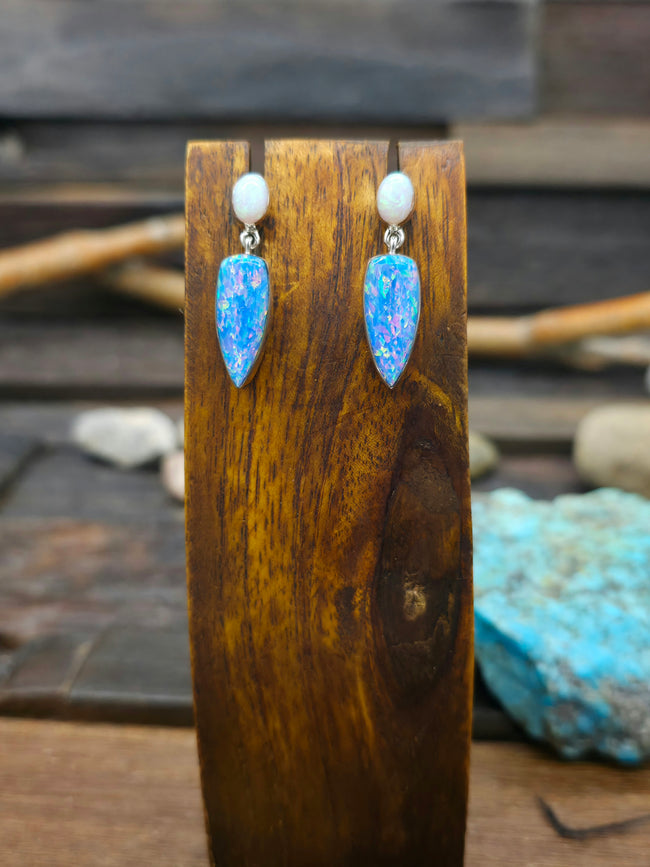 Two Stone White and Blue Kyocera Opal Sterling Silver Earrings by Sheryl Martinez