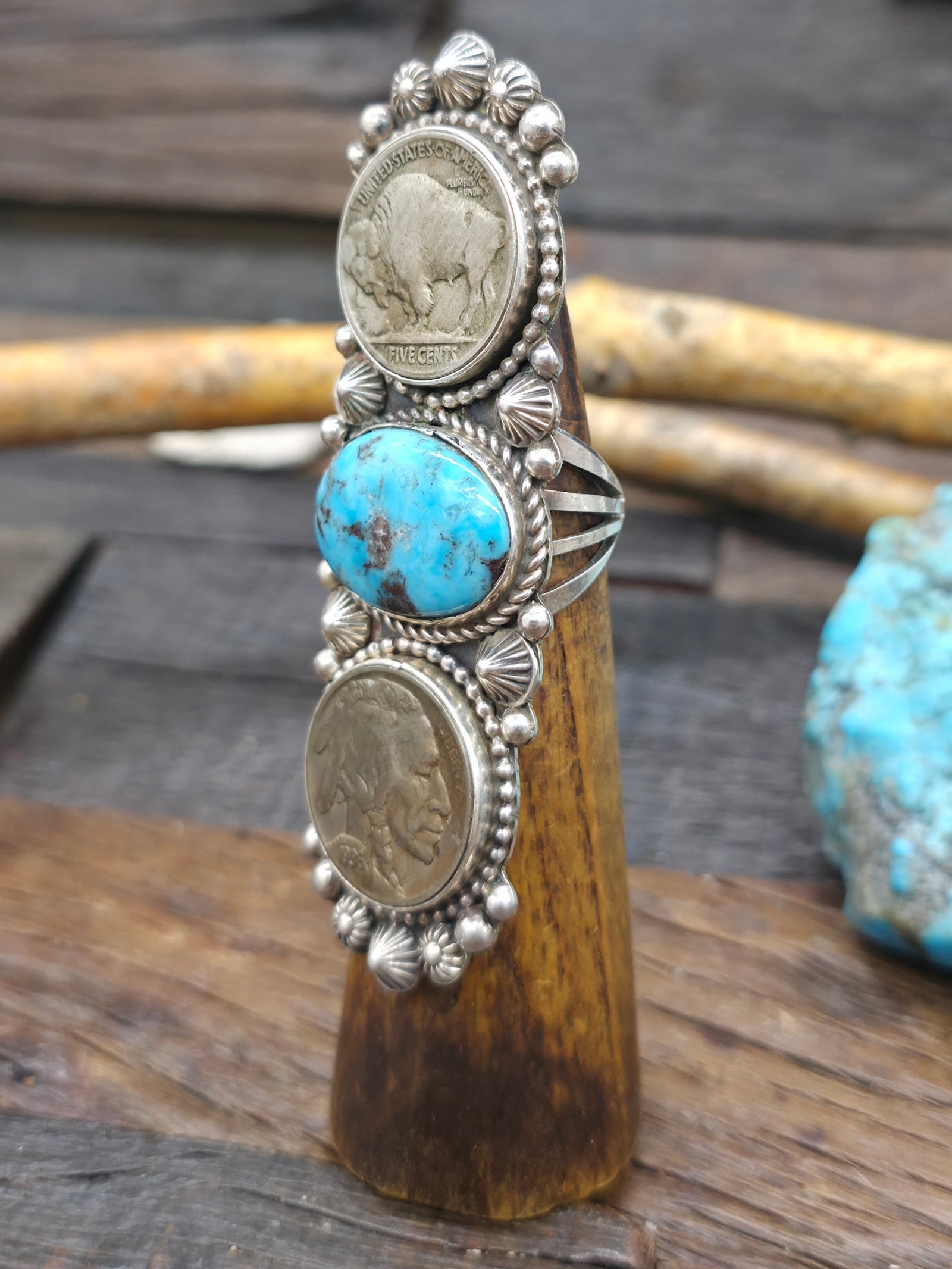 Sterling Silver Turquoise Ring with Buffalo and Chief Head Nickels by Rosella Paxson - Size 8 1/2