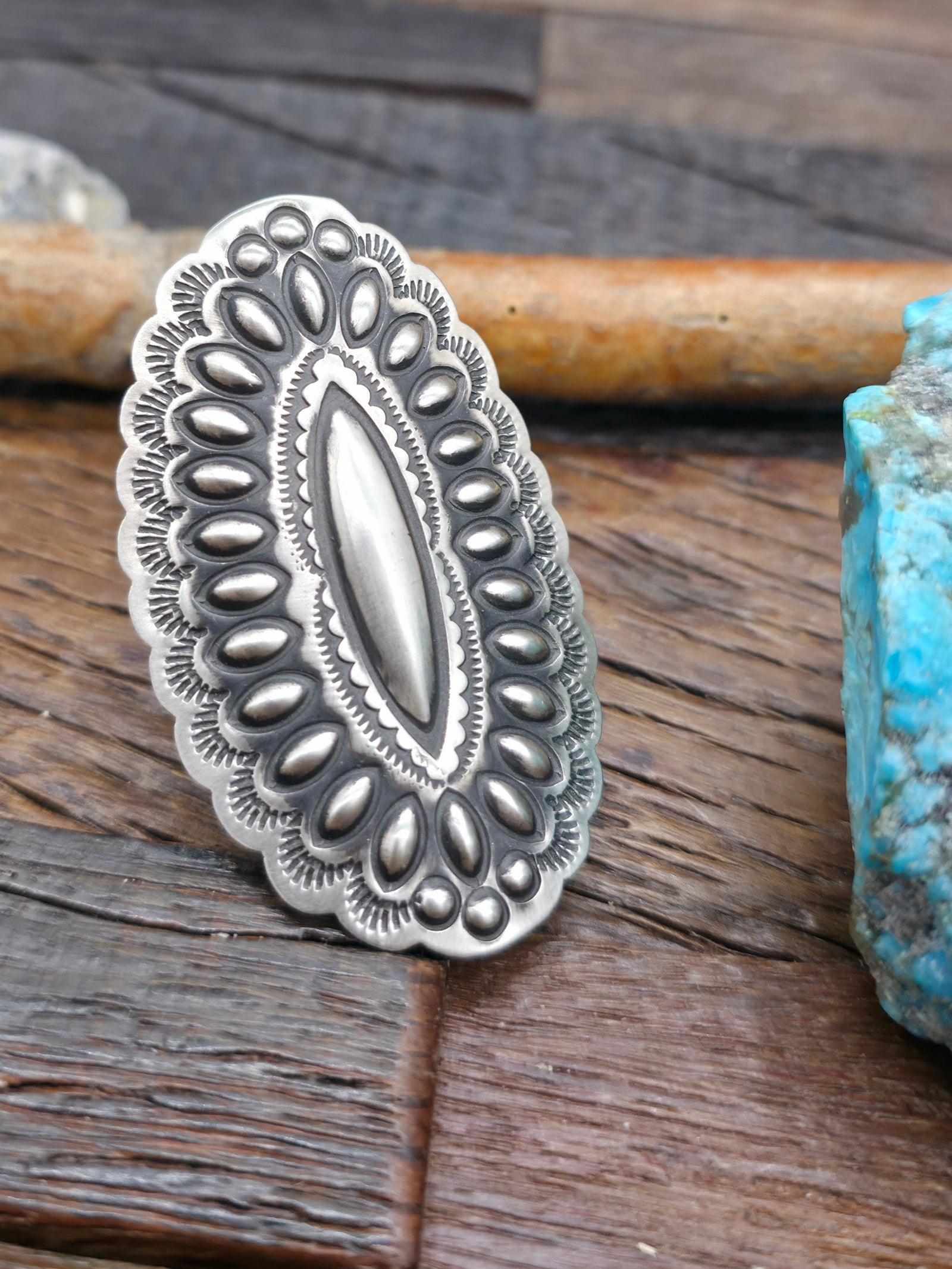 Adjustable Stamped Sterling Silver Ring by Leander Tahe - Oval
