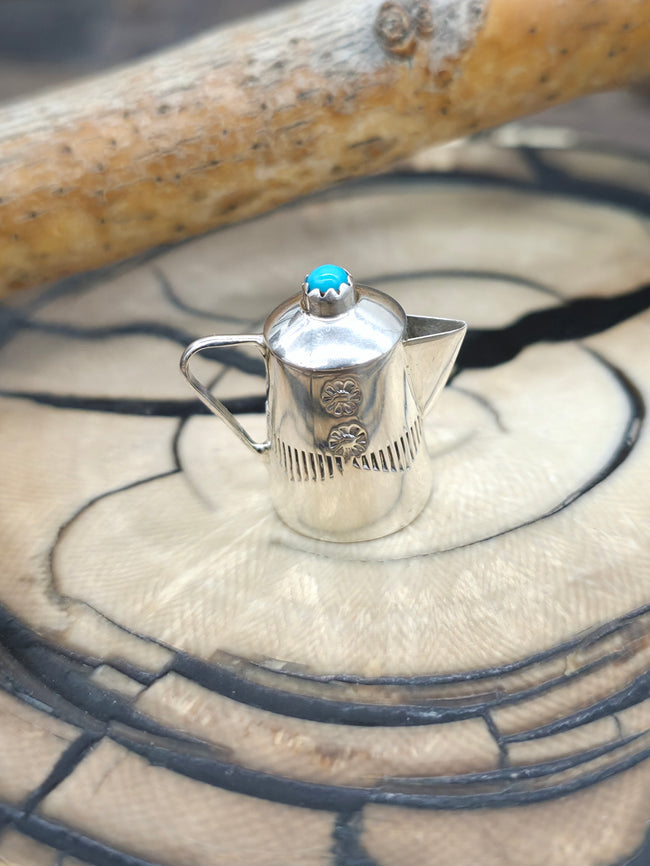 Mini Sterling Silver Coffee Pot with Turquoise by Wesley Whitman - 3/4 in. by 1 in.