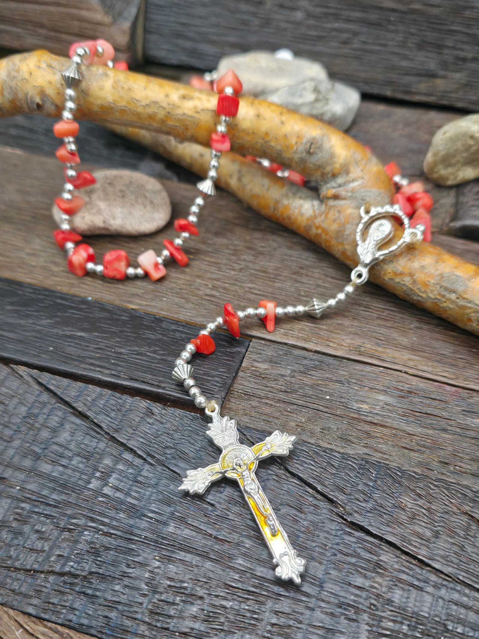 Bamboo Coral Bead Rosary by Eileen Coriz - 22 in. with 5 1/2 in. drop