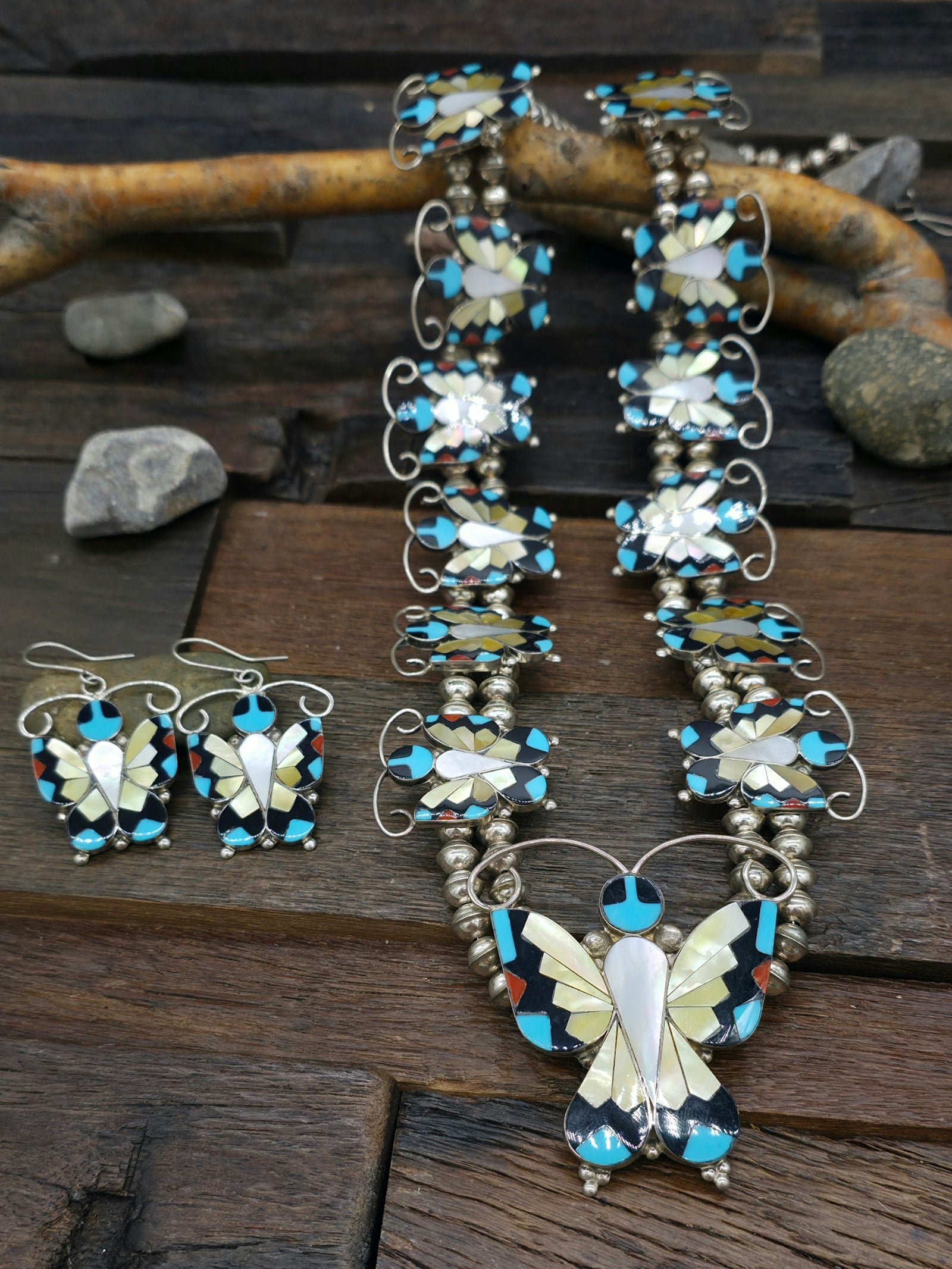 Sterling Silver Butterfly Inlay Necklace and Earring Set by Allison Dishta - 30 in.