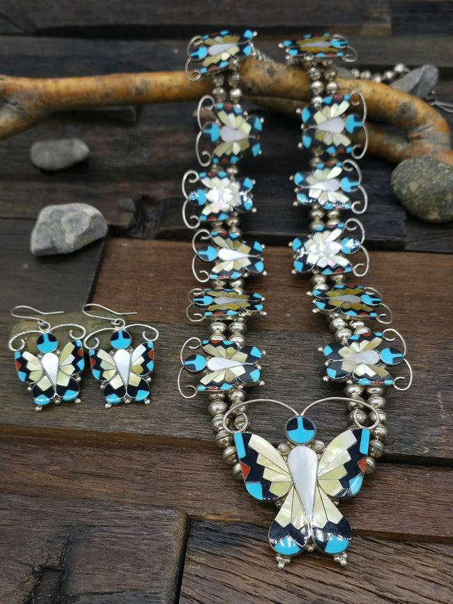 Sterling Silver Butterfly Inlay Necklace and Earring Set by Allison Dishta - 30 in.