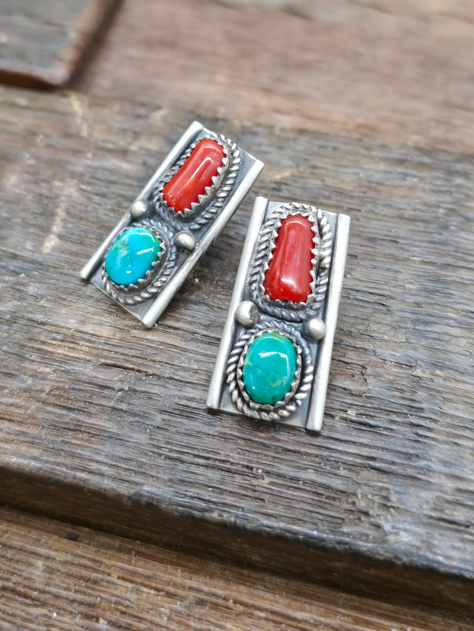 Sterling Silver Green Turquoise and Coral Post Earrings by LaRose Ganadanegro
