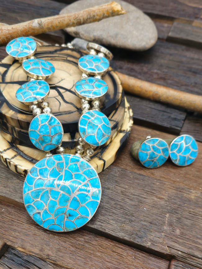 Sterling Silver and Turquoise Inlay Lariat Necklace and Earring Set by Lynette Johnson