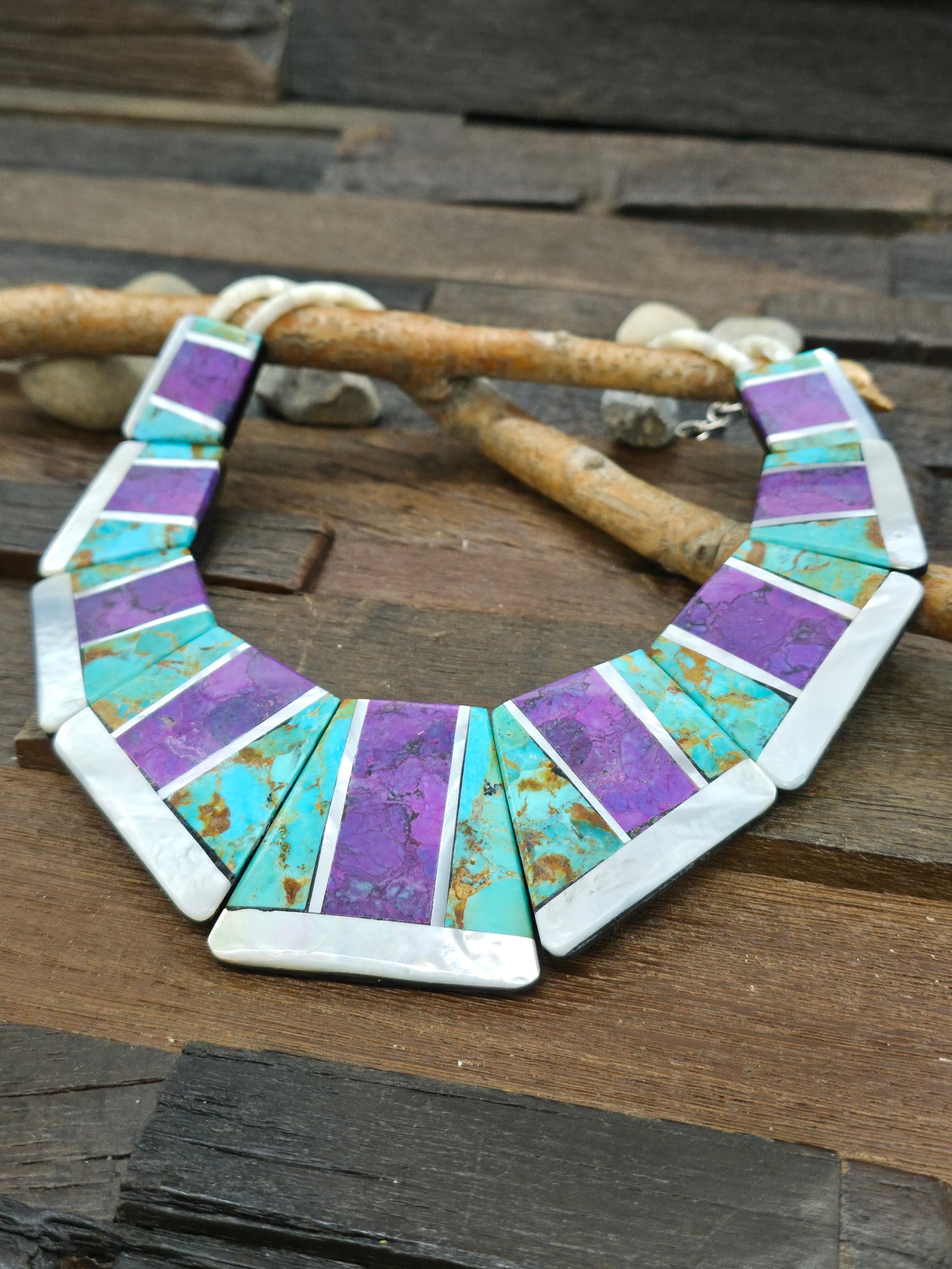 Turquoise, Purple Mojave, and Mother of Pearl Mosaic Inlay Collar Necklace by Torevia Crespin - 16 in. plus 3 2/3 in. Extender