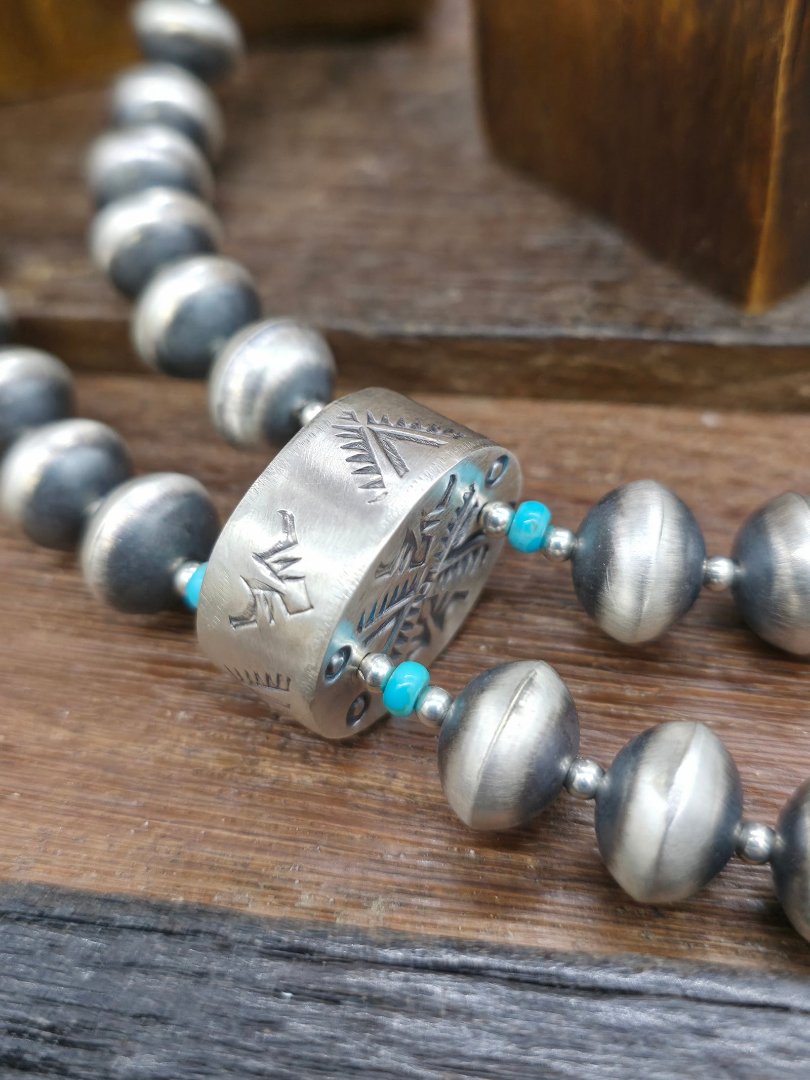 Stamped Sterling Silver and Blue Turquoise Bead Necklace and Earring Set by Sharon Cooley - 32 in. with 4 in. Drop