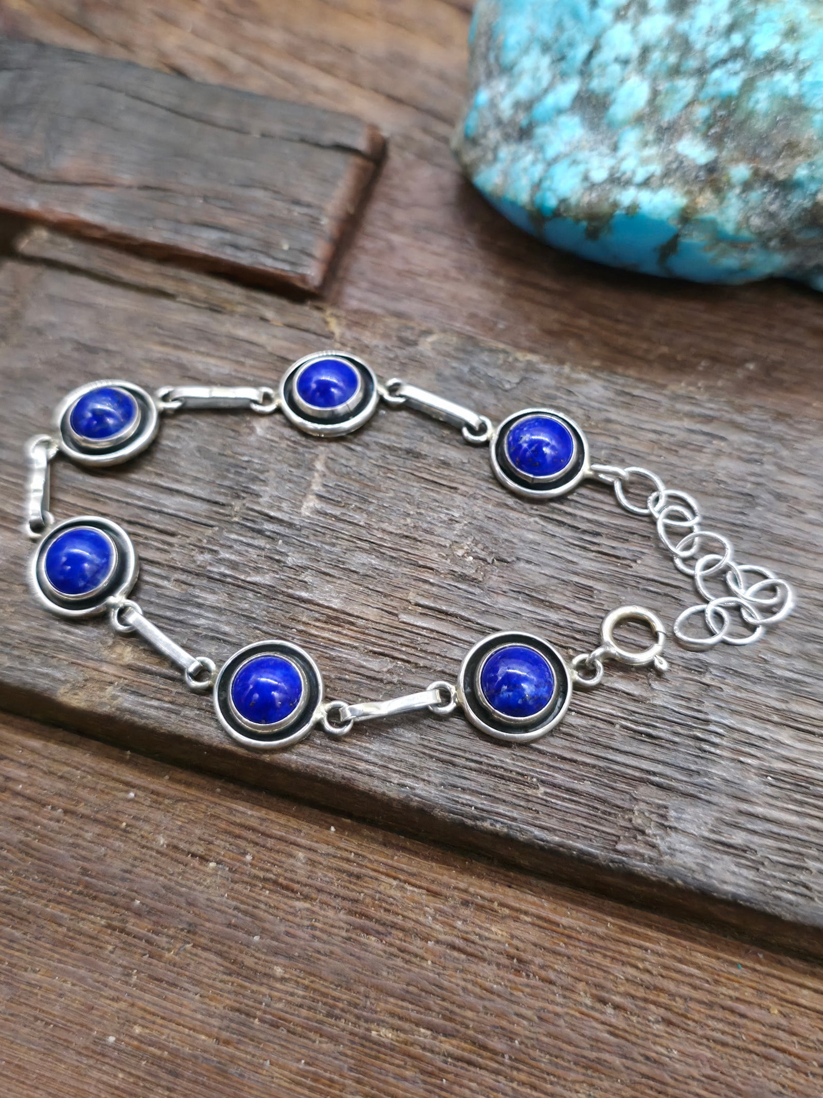 Six Stone Sterling Silver Lapis Shadowbox Link Bracelet by Martin Perry - 8 in.